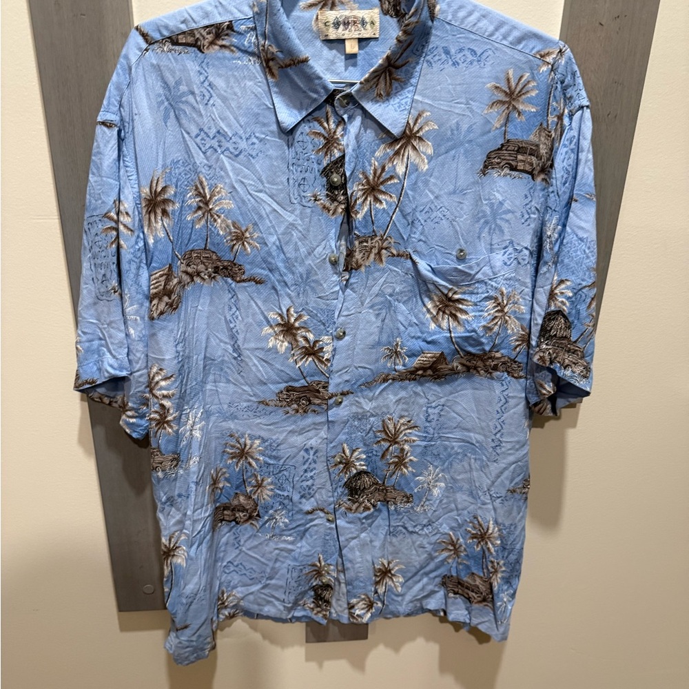 Blue and Brown Casual Button Down Shirt with Tropical Print